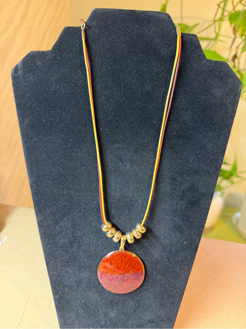 Handmade Red Pendant Necklace with Gold Accent